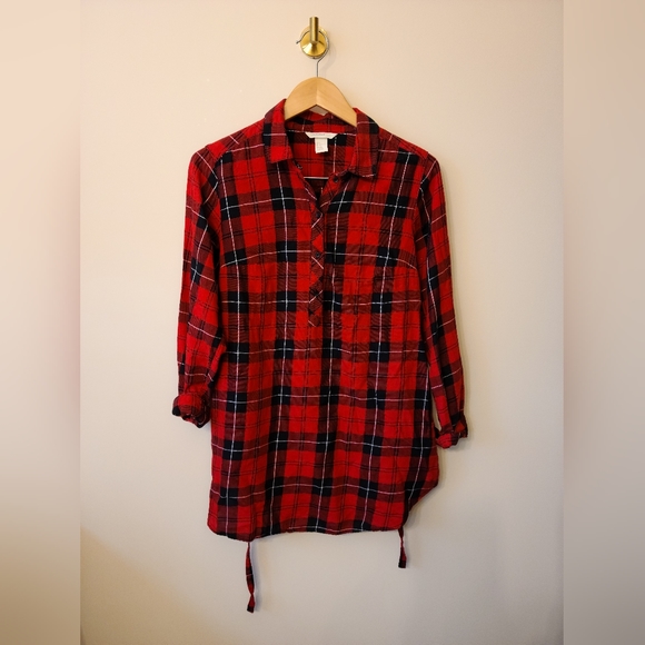 H& M Long tunic maternity shirt, red plaid with drawstring for over the belly. S - Picture 1 of 2